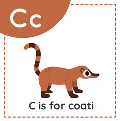 Learning English alphabet for kids. Letter c. Cute cartoon coati.