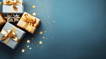 Blue and gold luxury Christmas balls ornaments, glitter blue paper gift box, fir branches on dark blue background. Xmas banner design, Happy New Year party invitation card template.