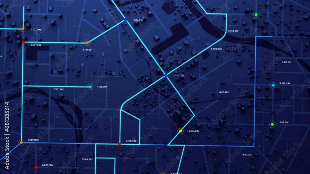 Poster 3d rendering top view city map with navigator line and destination gps technology transportation, fu