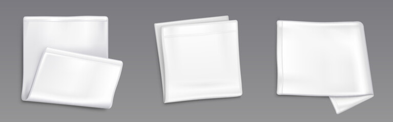 White handkerchief mockup - empty folded cotton or silk fabric napkin or kitchen towel. Realistic vector set of microfiber dishcloth or picnic plaid. Template of blank blanket or cloth serviette.