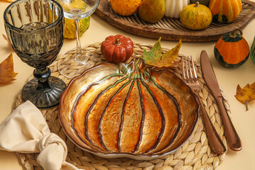 Autumn table setting with leaves on beige background