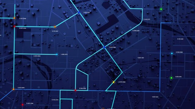 3D Rendering Top view City map with navigator line and destination GPS Technology transportation, Futuristic user interface, HUD Head-up display. Technology and futuristic concept