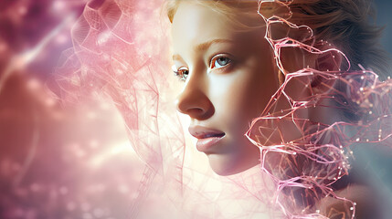 3d female portrait with chromatin strands, concept of changing DNA to stay young forever - obrazy, fototapety, plakaty