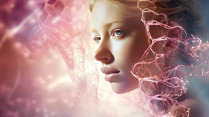 Foto op Canvas 3d female portrait with chromatin strands, concept of changing DNA to stay young forever © Kien