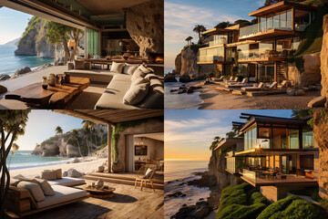 house on the beach , resort hotel ,  view of the sea and mountains ,  resort in the morning