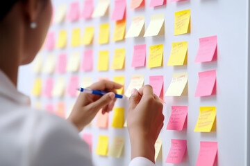 Close up hands of woman putting on sticky note on the wall in background of modern office. Business...