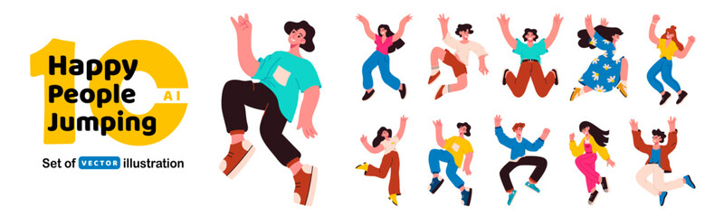 Happy people jump. Person fly vector illustration. Happy people jump set. Young character energy pose. Student joy. Happy youth man and woman. Happy jumping people celebrating event and freedom dance. - obrazy, fototapety, plakaty