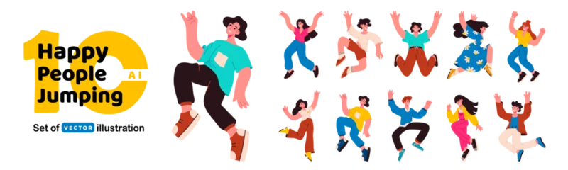 Fotobehang Happy people jump. Person fly vector illustration. Happy people jump set. Young character energy pose. Student joy. Happy youth man and woman. Happy jumping people celebrating event and freedom dance. © robu_s
