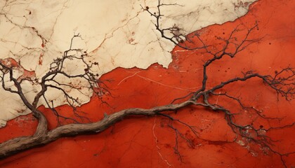 Resilient Tree Branch Against Vibrant Red and White Wall