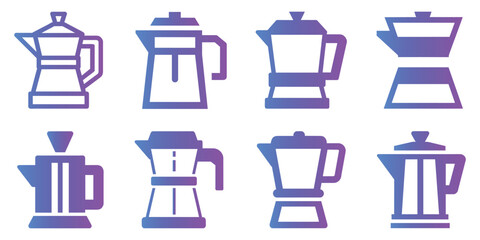 Gradient moka pot set, coffee maker icon, electric kettle, kitchen icons for app, ui, website, vector illustration isolated on white background