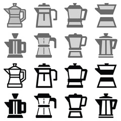 Moka pot icon set, Italian coffee maker, espresso, mocha coffee, flat vector illustration isolated
