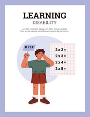 Difficulties learning and dyslexia concept, boy difficulty in counting vector poster, pupil needs help with calculating