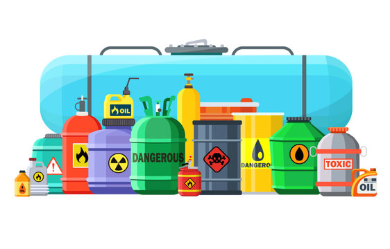 Chemical waste container. Hazard chemical liquid in row line. Chemical waste hazard drum. Toxic container set. Danger radioactive substance. Flammable material. Compressed gas and oil safety tank