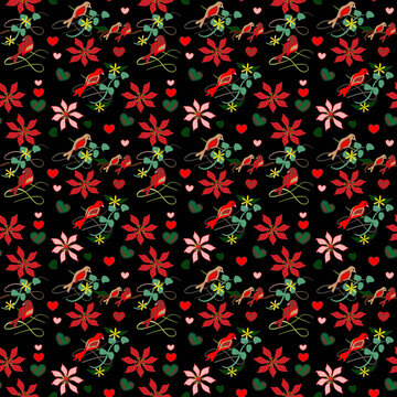 Christmas Birds Hearts Poinsettia Repeat Tile © Sharon