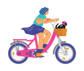 Fototapeta premium Woman rides a bicycle with a cat in a basket, flat vector on white