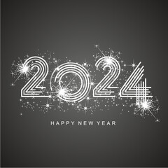 2024 New Year abstract silver multiply line design of 2024 year numbers shining glitter sparkle firework black background greeting card - obrazy, fototapety, plakaty