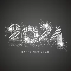 Fotobehang 2024 New Year abstract silver multiply line design of 2024 year numbers shining glitter sparkle firework black background greeting card © simbos