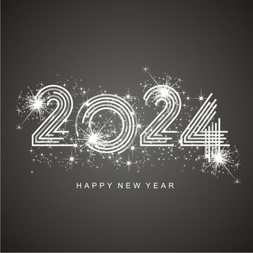 2024 New Year abstract silver multiply line design of 2024 year numbers shining glitter sparkle firework black background greeting card