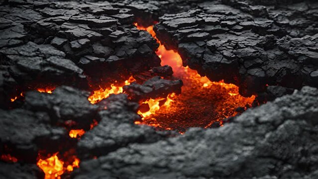 Closeup lavas jagged edges, glowing with intense heat breaks apart forms shapes along journey.