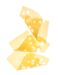 Flying tasty cheese slices on white background