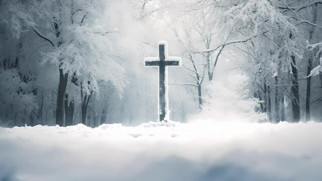 Concept photo of a Cemetery Cross, covered in snow and surrounded by winter trees. The crosss sharp edges and cold white surface evoke feelings of fragility and the fleeting nature of life.