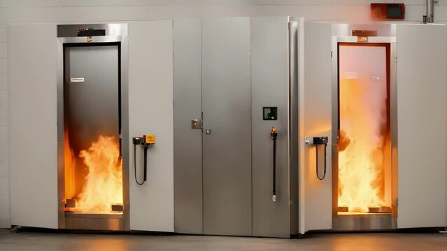 Closeup fireresistant door being closed repeatedly fire testing laboratory. door remains intact functional, preventing spread flames smoke, even after multiple repetitions.