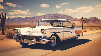 car on the beach generated by AI, Vintage Auto Relinquished by Time, car in the desert, vintage classic car from the 1950s on a US desert highway



 - obrazy, fototapety, plakaty