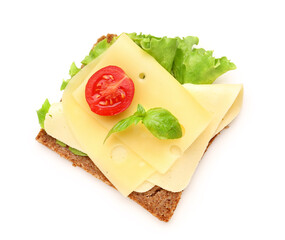 Tasty sandwich with cheese, tomato and lettuce on white background