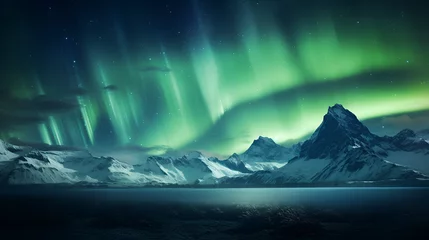 Zelfklevend Fotobehang Noorderlicht iceberg in polar regions, Aurora borealis at mountain landscape., The tranquil landscape of reflections and snow-capped peaks was illuminated by the majestic Aurora borealis.   