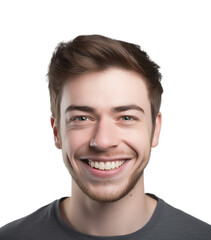 Obraz premium Close-up portrait of an optimistic young man with dark gray T-shirt smiling faces to camera. isolated on transparent background. 