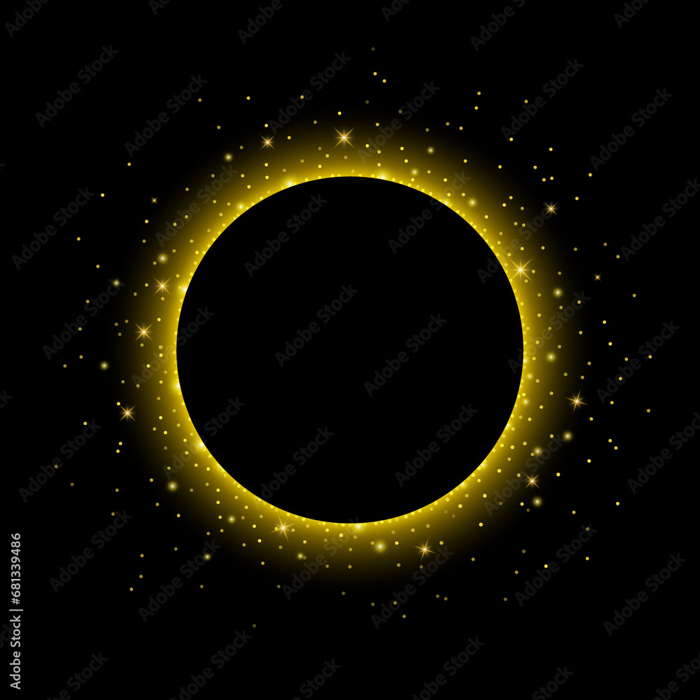 Poster glitter gold particles circle shape element for text and greeting card. christmas glowing light boke