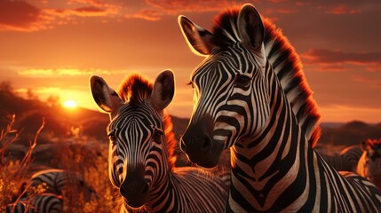 Fototapeta na wymiar Beautiful wild animals African striped black and white zebras on the loose on a nature safari at sunset