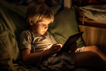 Fototapeta na wymiar A boy in a dark room on a bed uses a device. The concept of the Alpha generation.