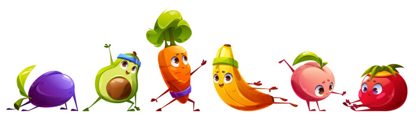 Cute fruit character exercise vector illustration. Funny food healthy yoga workout icon set. Strong plum, pilates avocado, banana and stretch beet, peach isolated comic pose nutrition fitness clipart. - obrazy, fototapety, plakaty