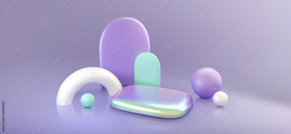 Poster holographic 3d platform with abstract geometric figures in background. vector realistic illustration