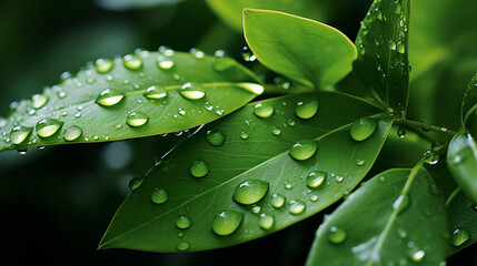 Water drops on a background of green leaves