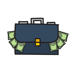 Briefcase full of money. doodle handdrawn style