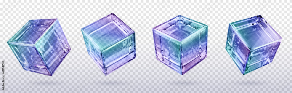 Poster 3d crystal light holographic glass cube vector isolated icon. realistic geometric translucent block 