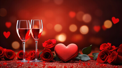 Fototapeta na wymiar Two champagne glasses and red roses on red hearts background, valentine's day