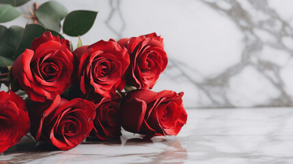Close up red roses on marble white table.