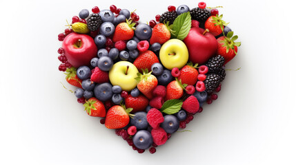 Naklejka na ściany i meble Heart shape made of different fruits and berries on white background
