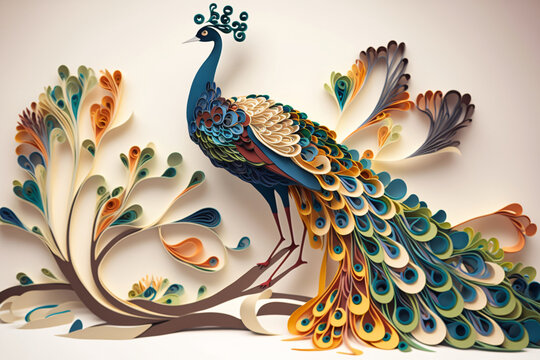 A peacock sculpture digital paper quilling art digital illustration AI generated