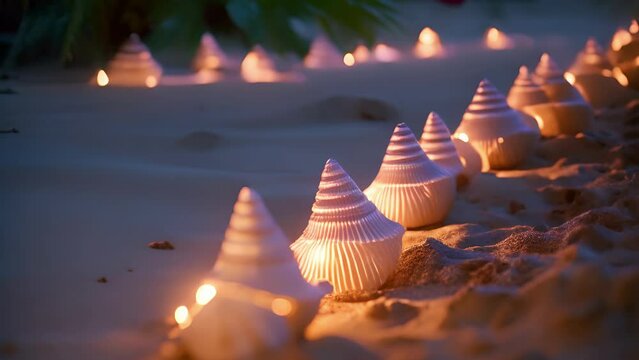A line of conch shells, each with a lit candle inside, illuminating the sandy path leading to the survivors campsite.