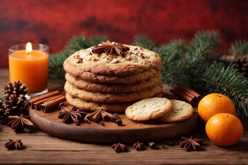 Fototapeta na wymiar Christmas cookies with oranges, cinnamon and anise on a wooden board