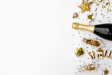 Christmas background with golden decoration on white background, space for text