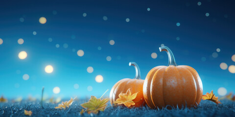 Fototapeta premium Pumpkins with fall leaves against a starry blue sky