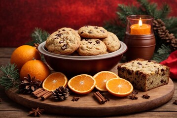 Christmas cookies with oranges, cinnamon and anise on a wooden board