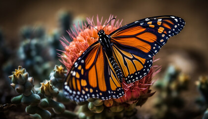 Vibrant monarch butterfly wing showcases natural beauty in multi colored pattern generated by AI