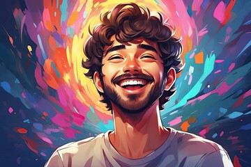 Happy Man Smiling Laughing Colorful Splashes Background Radiating Happiness Anime Illustration Brushes Art Generative AI