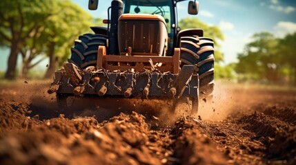 Agricultural tractor driving on field with planted plants